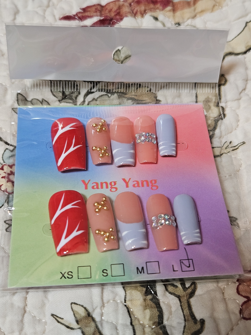 Yang Yang Press-On Nails in Red, Peach & Lavender (L)